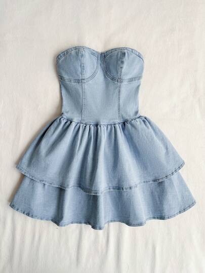 SHEIN Đầm denim mini ôm sát dáng bustier cho nữ