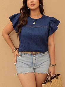 Elaquor Plus Size Summer Casual Textured Ruffle Trim Round Neck Blouse, Summer Tops - Navy Blue - View 7