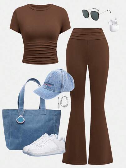 SHEIN Girlism Tween Girl Casual Fitted Light Blue Ruched Crew Neck Top And Waist Ruched Flare Pants Set