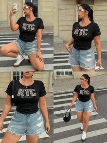 Muchica Plus Size Women Leopard Print Letter Graphic Ruched Casual T-Shirt - Black - View 4