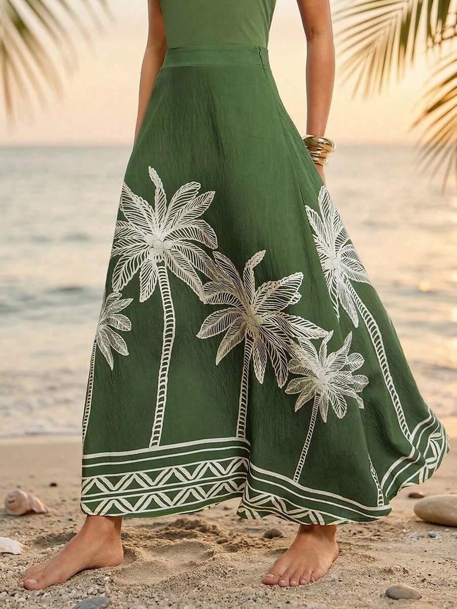 Gownix Women Multicolor Boho Flared Maxi Skirt With Palm Tree Print And Pocket Detail In Woven Fabric - Multicolor - View 1