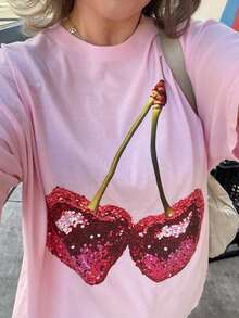 DrmWander Women's T-Shirt, Casual Street Style Graphic Short Sleeve T-Shirt, Cute Summer Top - Pink - View 4