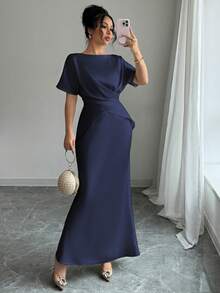 Elenzga Women Summer Navy Blue Autumn Elegant Dining Mal Dress,Satin Glossy Fabric Boat Neck Raglan Sleeve Criss-Cross Tie Waist Fish Tail Hem Back Bow Gown - Navy Blue - View 7
