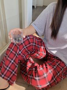 Dazy Plus Round Neck Loose Fit Pajama Set - Plaid Pants - Light Grey - View 4