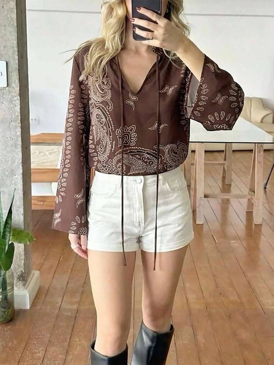 Aloruh 咖啡色复古印花长袖衬衫，优雅休闲装，适合度假和通勤，女士休闲服饰，女士西式服装 - 咖啡棕 - 查看 1