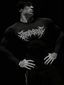 RISE LYT 男士哥特印花圆领插肩袖修身运动T恤 男士压缩上衣 男士长袖压缩衬衫 - 黑色 - 查看 4