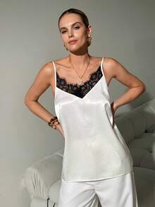 Lavishia Satin Elegant Romantic Retro Camisole - Black and White - View 6