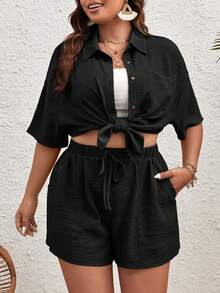 Enliva Plus Solid Drop Shoulder Shirt & Shorts Without Cami Top,Holiday Outfits - Black - View 4