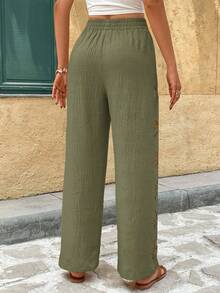 SHEIN Frenchy Quần ống đứng dáng suông màu trơn khoét lỗ dành cho nữ, thích hợp cho kỳ nghỉ. - xanh quân đội - Xem 2