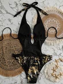 Swim SXY 女士夏季沙滩度假露背吊带连衣裙，特殊面料，侧边饰边 - 彩色 - 查看 5