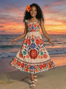 Tween Girls' Summer Beach Vacation Totem&Floral Print Square Neck Cap Sleeve Ruffle Hem Maxi Dress Mexican Style Girls Embroidery Girl Dresses - Multicolor - View 3