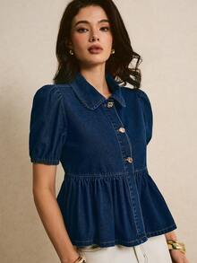 Poéselle Áo kiểu denim tay cánh hoa dáng rộng thoải mái cho nữ mùa hè - màu đen - Xem 6