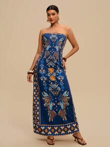 Travachic Women's Blue Strapless Knit Abstract Floral Print Symmetrical Pattern Boho Maxi Dress,Plus Size Summer Vacation Holiday Beachwear Outfits - Blue - View 10
