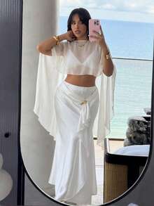 Rustia Plus Size Women Chiffon Casual Shawl Top, Cute Holiday Loose Tops, Spring/Summer - Apricot - View 2