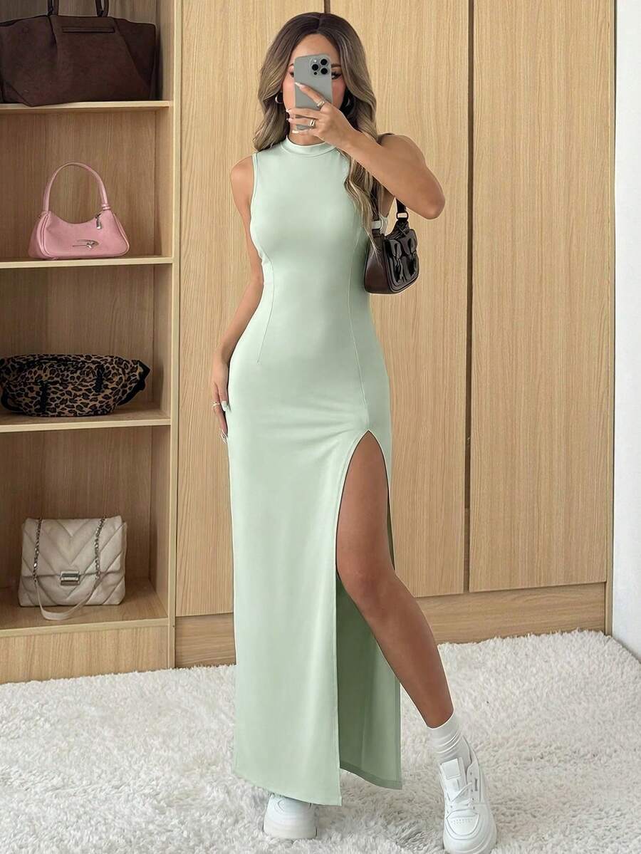 SHEIN EZwear 女士优雅休闲开衩浅绿色连衣裙,轻盈透气,夏季穿着 - 綠色 - 查看 1