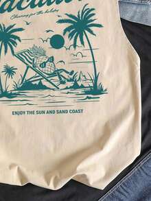 SHEIN Áo tank top cổ tròn rộng rãi, mềm mại, thoải mái, phong cách tối giản, đa năng dành cho bé trai tuổi teen, lấy cảm hứng từ khu nghỉ dưỡng Hawaii, cây dừa, thực vật nhiệt đới, kiểu dáng nghỉ dưỡng, phong cách bãi biển, thể thao, phù hợp cho mùa hè. - Màu Khaki - Xem 4