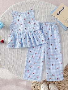 SHEIN Vintaside Kids Young Girls 2pcs Set: Sleeveless Plaid & Cherry Print Top With 3D Cherry Decor + Loose Wide Leg Pants, Suitable For Casual, Beach, Holiday, Summer - Blue - View 2