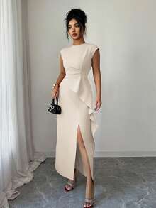 Elenzga 女士纯色圆领腰部褶裥下摆开衩侧边荷叶边短袖长款连衣裙，优雅法式复古正式通勤休闲度假下午茶街头简约百搭，春夏新款 - 杏色 - 查看 3