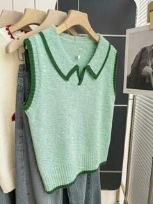 SHEIN LUNE Sage Green Knitted Vest,Polo Collar Half-Button Design,Contrast Trim Sleeveless Soft Ribbed Knit Top,Autumn Casual School Back-To-School Layering - Mint Green - View 5