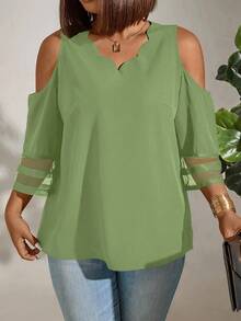 Plus Size Women Solid Color V-Neck Off Shoulder Fashionable Blouse - Green - View 3
