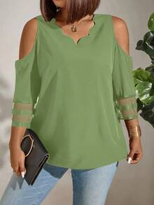 Plus Size Women Solid Color V-Neck Off Shoulder Fashionable Blouse - Green - View 4