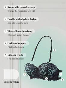 1pc Lace Backless Wireless Bra, Padded Push Up Bra For Small Bust, Invisible Strapless Spaghetti Strap Bra - Multicolor - View 6