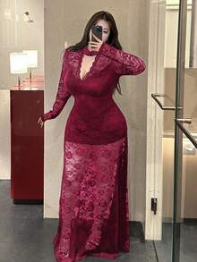 Vibekara Plus Size Women's V-Neck Long Sleeve Lace Patchwork Hollow Out Mermaid Hem Elegant Vintage Cute Sexy Slim Dress - Burgundy - View 6