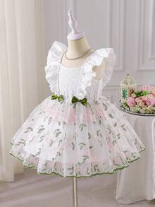 SHEIN Glamorique Kids 年轻女孩优雅象牙色提花喇叭袖连衣裙，绿色收腰设计，修身粉色花卉网纱泡泡裙派对礼服 - 白色 - 查看 5