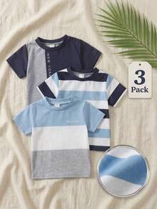 SHEIN 3 Pack Baby Boy Clothes Toddler Boy Outfits Casual Fashion Striped Letter Graphic Tee Short Sleeve Round Neck Soft Thick Fabric Tops Shirts T-Shirts Clothes Sets For Summer Spring Vacation Daily - Multicolor - View 10