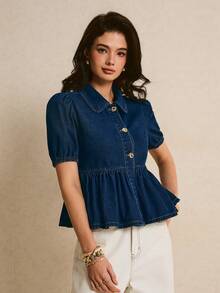 Poéselle Áo kiểu denim tay cánh hoa dáng rộng thoải mái cho nữ mùa hè - màu đen - Xem 4