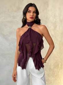 SHEIN Tall Áo tank top nữ thanh lịch nhiều lớp, cổ đứng, ôm dáng, màu tím, viền bèo nhún. - Màu tím - Xem 7
