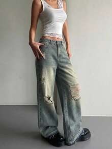 DAZY Distressed Wide Leg Jeans, Washed Denim,Baggy Jeans - Medium Wash - View 1