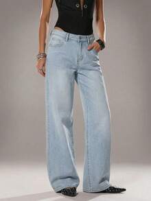 TRNVIE 时尚休闲碎花低腰阔腿牛仔裤 - 淺色水洗藍 - 查看 7