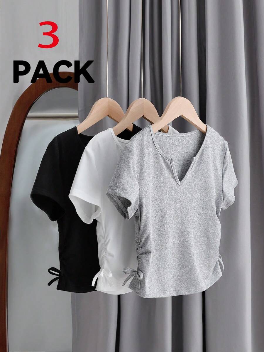 Sparklyn 5pcs/Set Tween Girls All-Match Casual T-Shirts With Waist Ruched Short Sleeve Design, Versatile For Spring & Summer - Multicolor - View 1