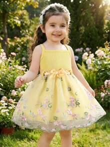 女婴夏季新款紫色罗纹花卉刺绣荷叶边下摆简约时尚可爱甜美吊带裙 - 黃色 - 查看 1