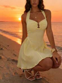 Bluhae 女士纯色纹理面料A字腰线中长连衣裙，优雅迷人，适合海滩、海岛度假、日常穿着、通勤，性感时尚，约会必备，法式街头复古百搭风，春夏新款，浅黄色，细肩带 - 淡黃色 - 查看 1