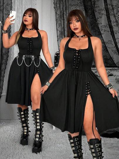 Whyspr Plus Size Sexy Drawstring Tie Waist High Slit Maxi Dress