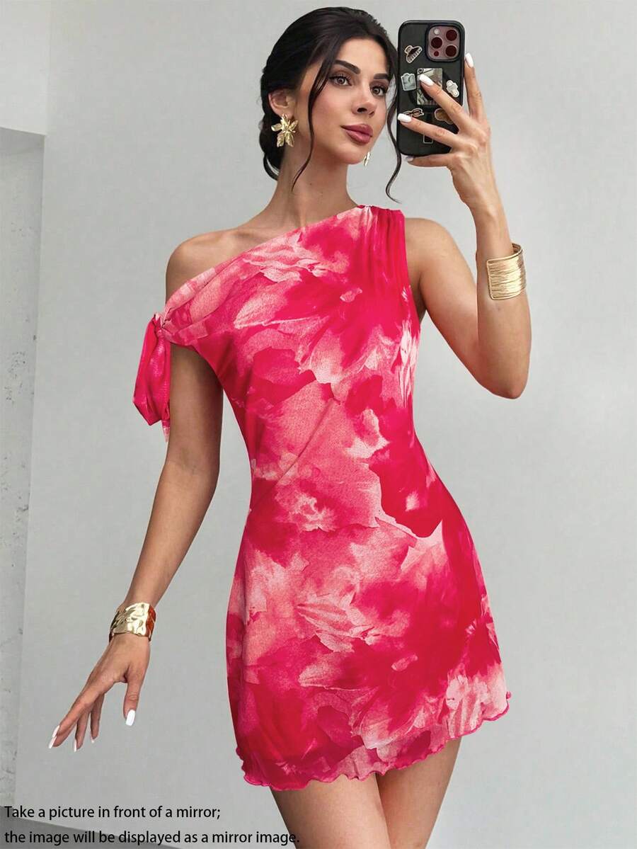 Firerie 女士夏季新款碎花不对称肩部性感优雅度假迷你连衣裙，网纱碎花连衣裙，不对称领口连衣裙，春夏服装，沙滩装，优雅，性感，度假，海滩，夏威夷，约会，派对，音乐节，毕业礼服，舞会礼服