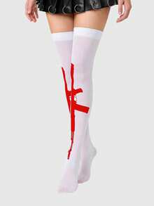 ROMWE Grunge Punk 1 đôi tất dài đến đầu gối màu trắng, họa tiết súng máy, màu đỏ đậm phong cách Punk. - Màu trắng 222 - Xem 5