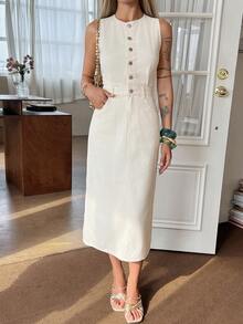 DAZY 女士休闲水洗牛仔圆领无袖连衣裙，夏季连衣裙 - 米色 - 查看 5