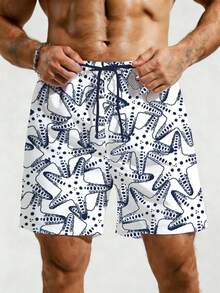 ZELFYO Quần short đi biển nam kiểu dáng thường ngày in hình sao biển - Đen và trắng - Xem 4