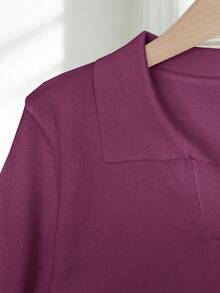 Franclia Women's Simple Solid Color Turndown Collar Short Sleeve Casual Fitted Knit Top, Versatile For Spring/Summer - Red Violet - View 4