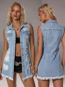 TRNVIE Fashionable Casual Street Style Distressed Button-Up Denim Vest Jacket - Light Wash - View 6