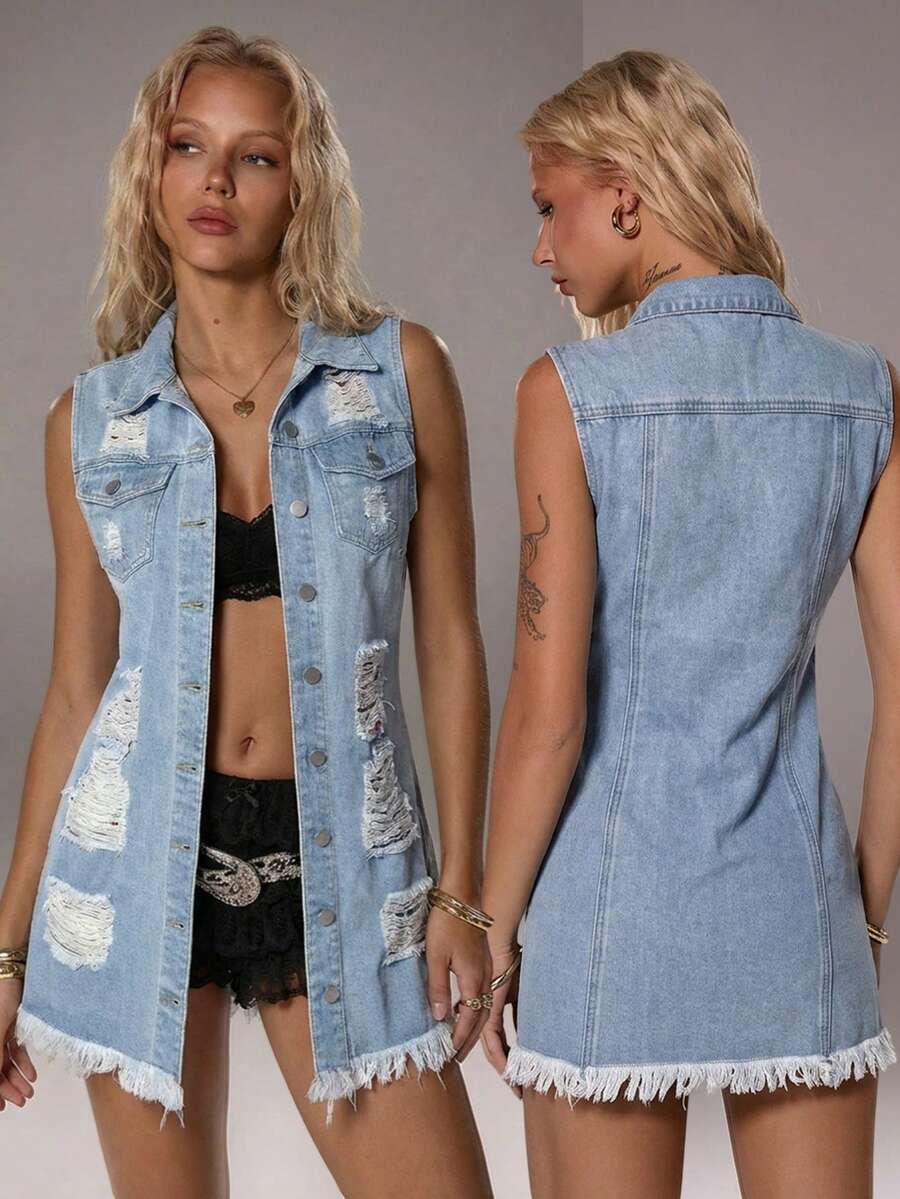 TRNVIE Fashionable Casual Street Style Distressed Button-Up Denim Vest Jacket - Light Wash - View 1