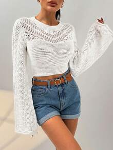 RueChic Women Solid Color Hollow Out Detailed Round Neck Pullover - White - View 4