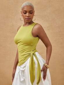 Vixey Solid Ribbed Side Tie Asymmetrical Hem Tank Top - Green - View 5