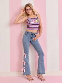 SHEIN X Care Bears Women's Cartoon Pattern Contrast Color Bow Denim Jeans - Blue - View 2