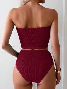 Swim Basics 女款夏季海灘度假純色平口時尚比基尼泳衣套裝 酒紅色 - 紅色 - 查看 3