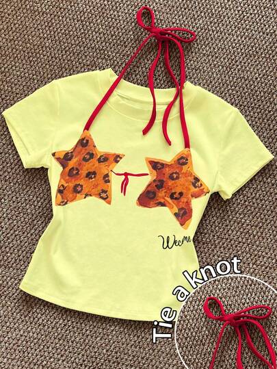 Glimmora Leopard & Star Print Round Neck Short Sleeve Tie Front T-Shirt