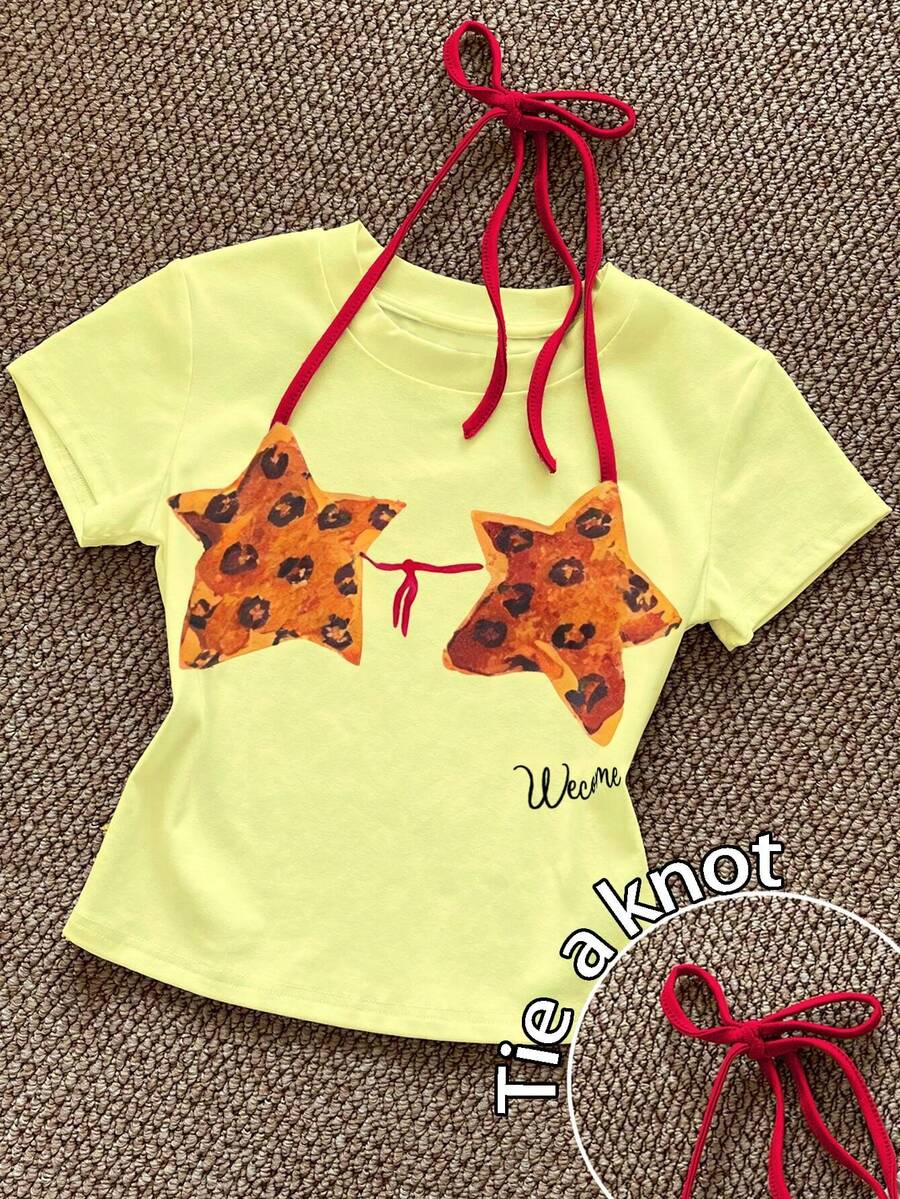 Glimmora Áo thun ngắn tay cổ tròn thắt nơ phía trước in họa tiết da báo và ngôi sao - Màu vàng - Xem 1